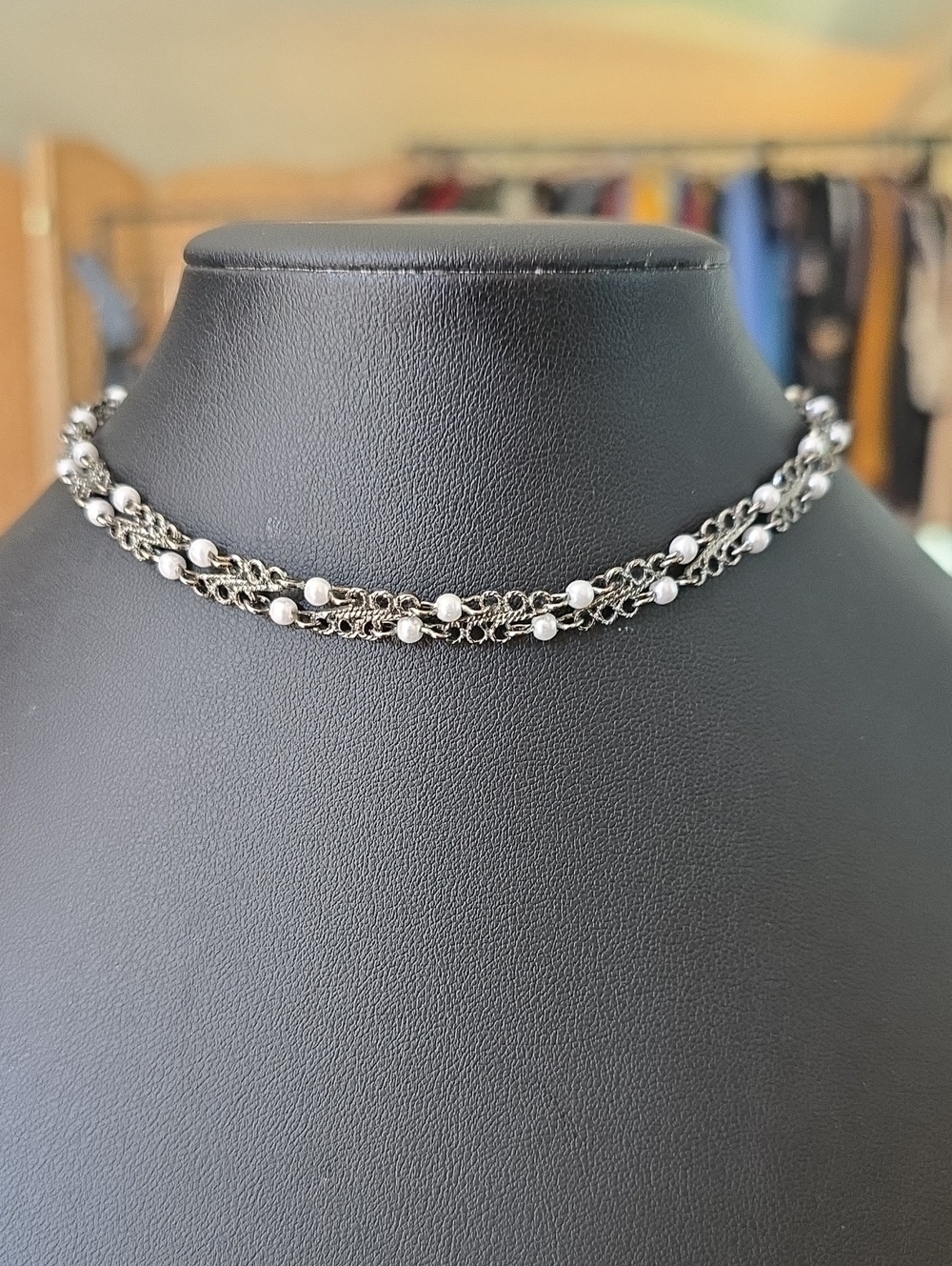 Vintage 90s After Thoughts Silver Tone Chainmaille & Faux Pearl Choker Necklace
